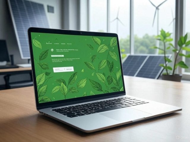 Sustainable web design illustration with eco-friendly website on a laptop, featuring green leaves, solar panels, and wind turbines in the background
